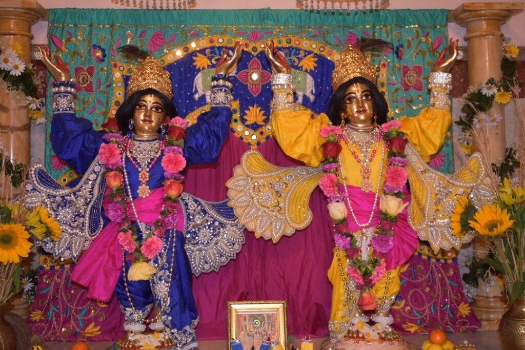 Sri Sri Nitai-Gauracandra wearing blue and yellow garments with pink flower garlands.