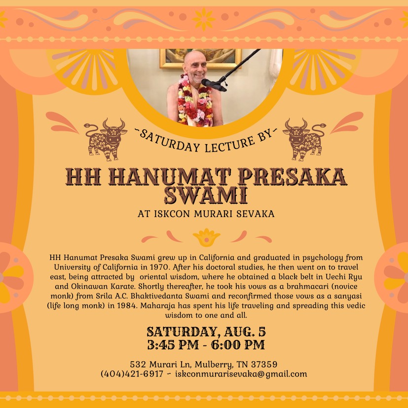 Flyer for lecture by HH Hanumat Presaka Swami. Text in post.