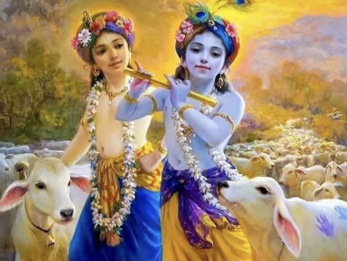 Lord Balarama and Lord Krishna tending the cows.